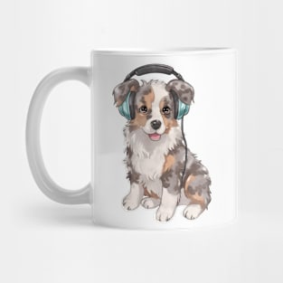 Watercolor Australian Shepherd Dog with Headphones Mug